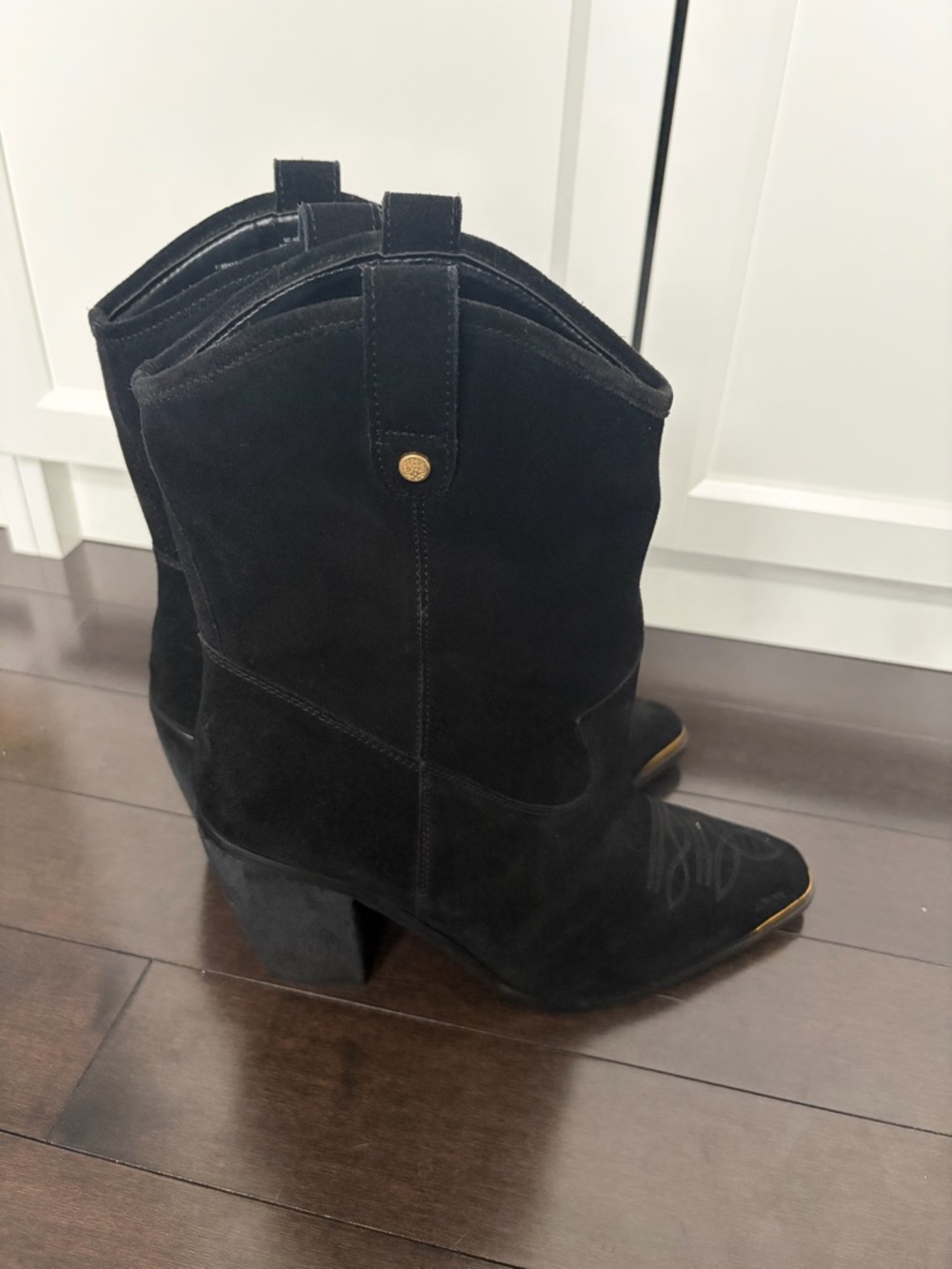 Vince Camuto  Abel Black Suede Western Block Heel Boots with Gold Accents
